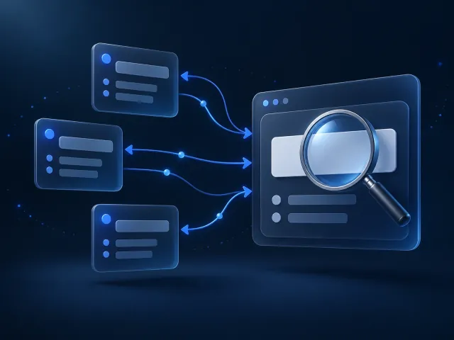 An internal coordination concept with small task panels linked in both directions to a larger magnifier review panel.