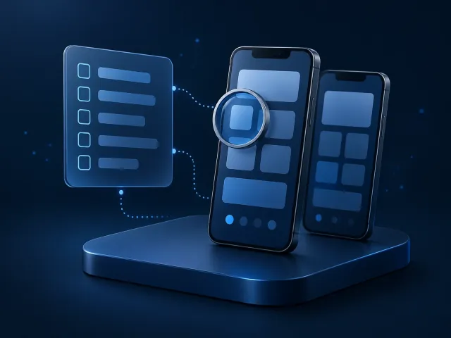 A real-device QA concept showing two phones with abstract app screens, a magnifier and an empty inspection checklist.