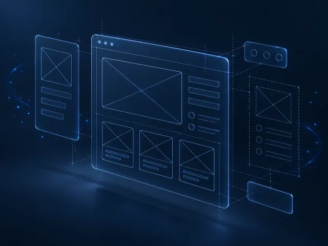 An in-development CMS blueprint with outlined content placeholders, detached components and construction guides.