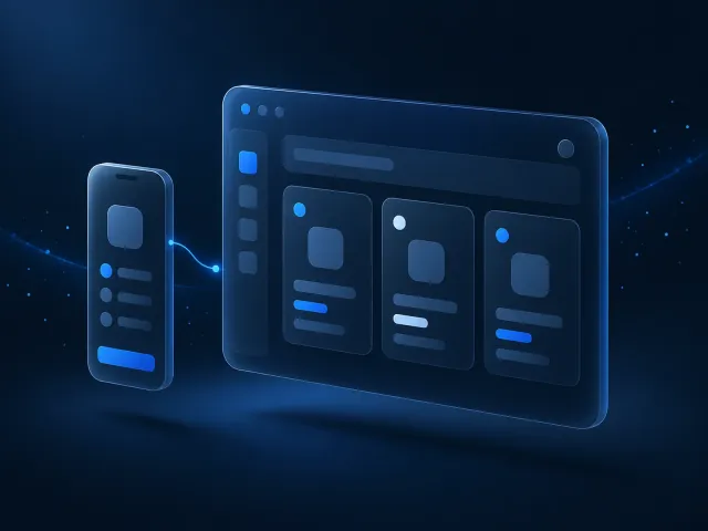 A 3D operations panel of blank app cards and status dots connected to a small app interface.