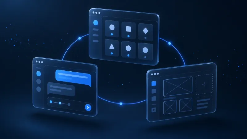 A 3D illustration connecting a message portal, an app-card console and a content wireframe with blue paths.