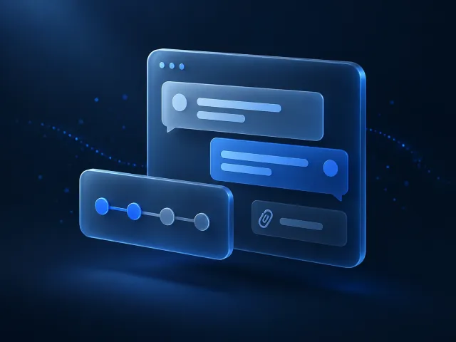 A 3D message panel representing requests and replies, with connected progress dots on a separate front panel.